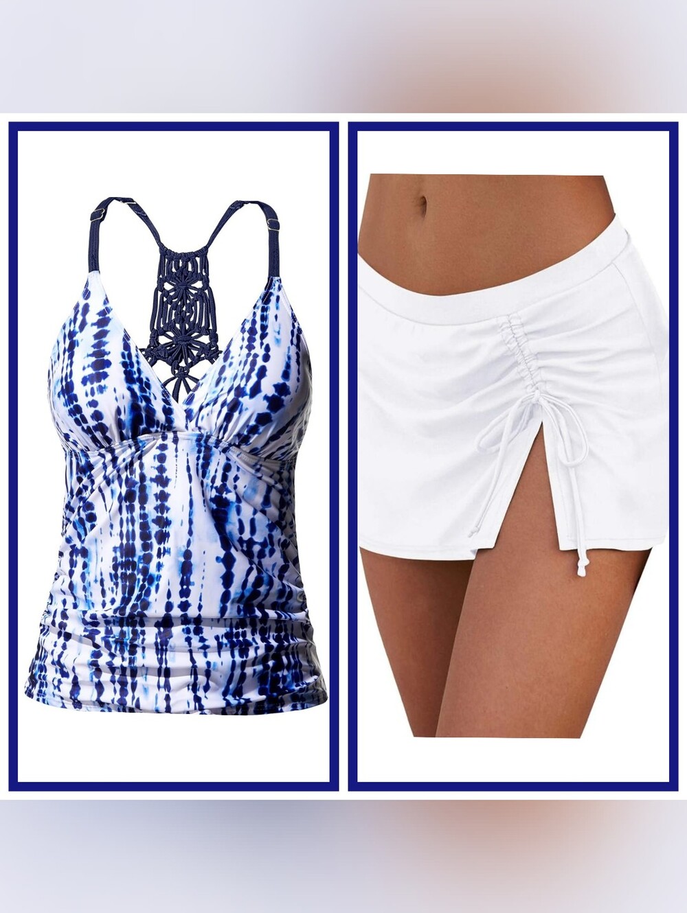 2 Piece ☆ Strappy Blue Tankini Top with White Swim Skirt